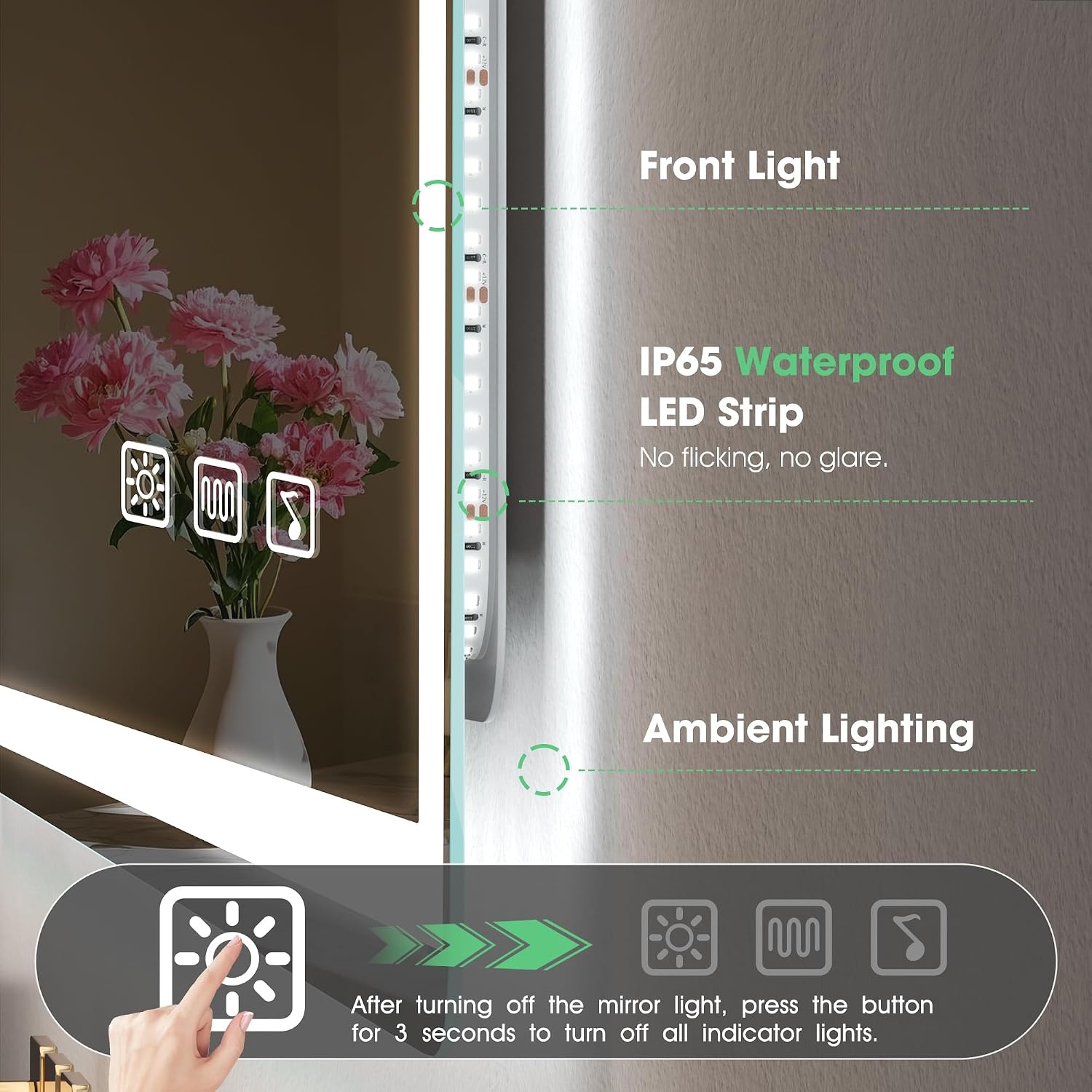 S'bagno Bluetooth-Bathroom-Mirror-with-LED-Lights 1000x700mm, LED-Bathroom-Mirror with Defogging Mat, 3000K-6500K, Dimmable, Memory, HD Tempered Glass, IP44 Waterproof, Horizontal/Vertical