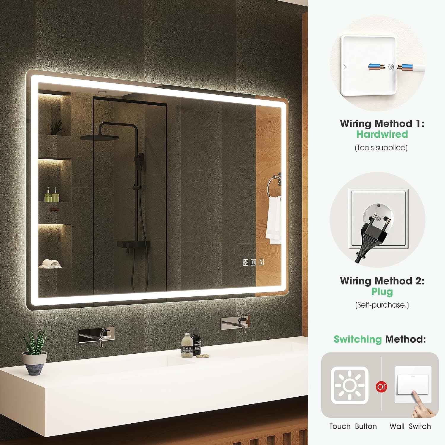 S'bagno Bluetooth-Bathroom-Mirror-with-LED-Lights 1000x700mm, LED-Bathroom-Mirror with Defogging Mat, 3000K-6500K, Dimmable, Memory, HD Tempered Glass, IP44 Waterproof, Horizontal/Vertical