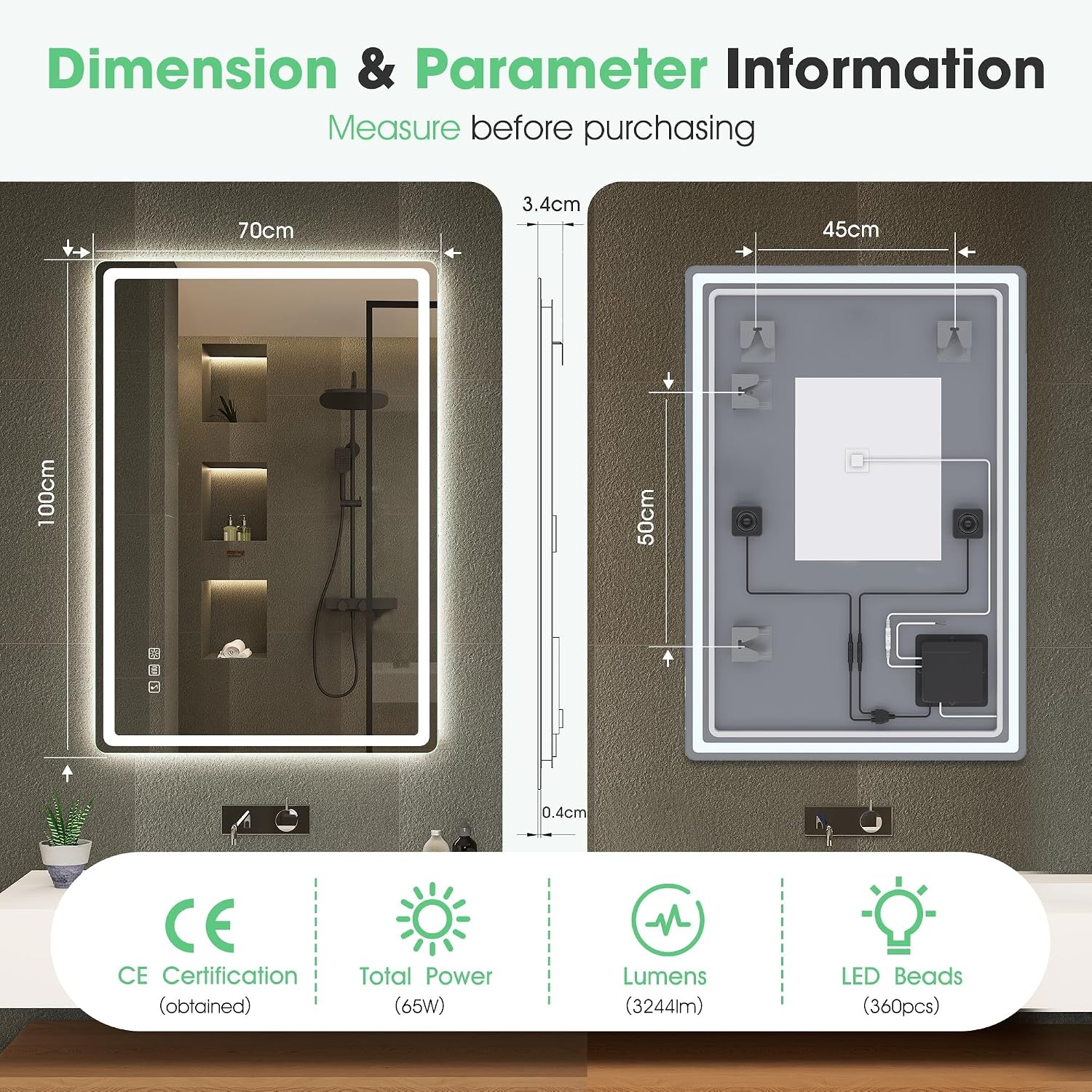 S'bagno Bluetooth-Bathroom-Mirror-with-LED-Lights 1000x700mm, LED-Bathroom-Mirror with Defogging Mat, 3000K-6500K, Dimmable, Memory, HD Tempered Glass, IP44 Waterproof, Horizontal/Vertical