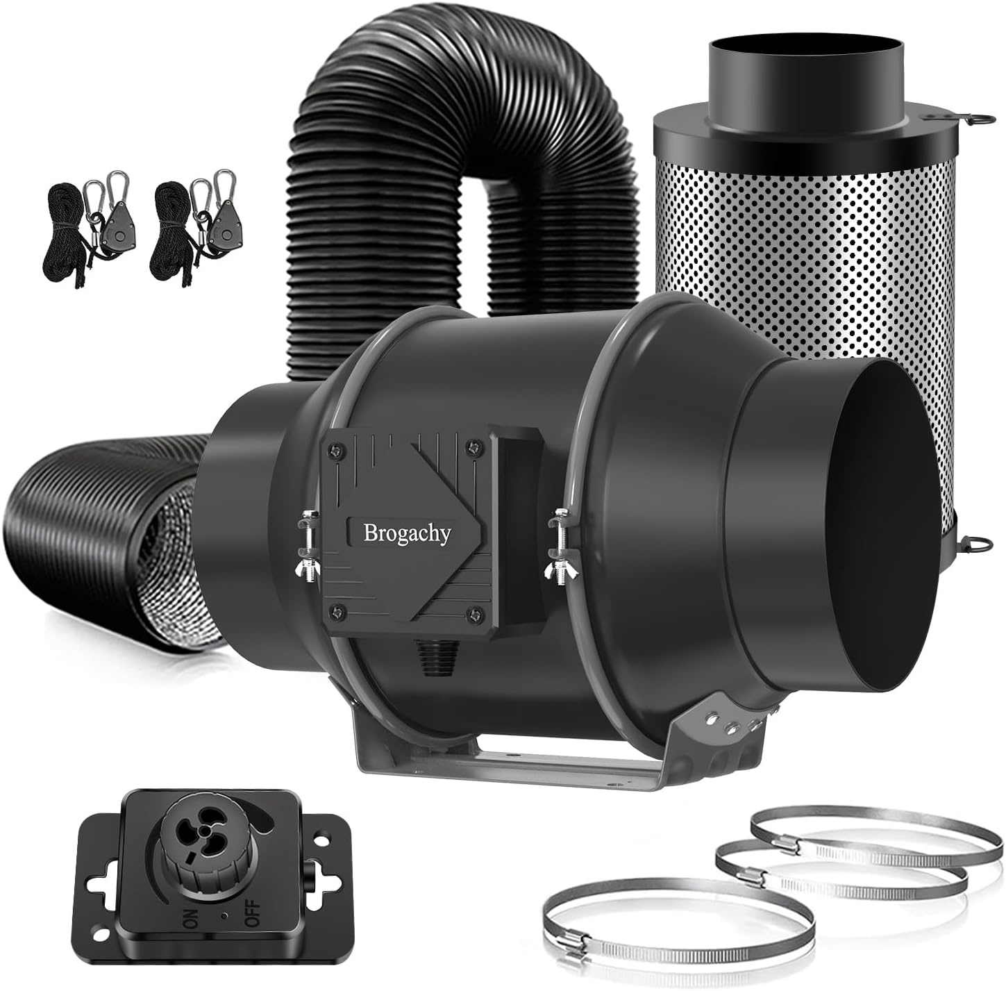 150 mm, regelbare buisventilator, 688 m³/uur, afvoerventilator 3000 tpm, driefasige EC-motor, met luchtkoolfilter en afvoerslang, voor groeitenten, hydroculturen, thuisgebruik.