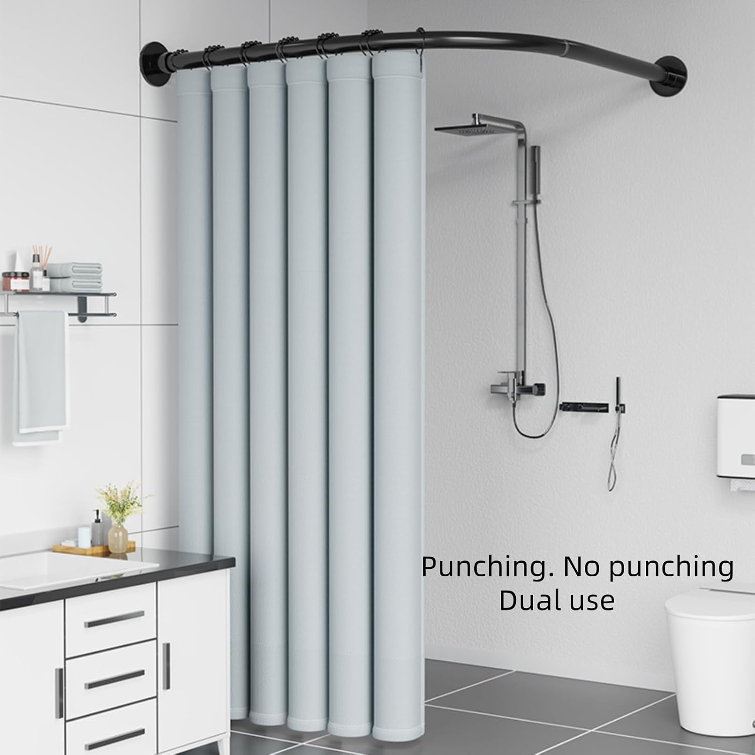 Douchegordijnstang zonder boren, verstelbare L-vormige douchegordijnhouder voor kleedkamer in de badkamer (75-95 x 90-130 cm)
