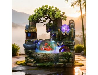 Waterfontein Groene Plantenfontein met LED, Feng Shui Wiel & Aquarium - 59% Korting