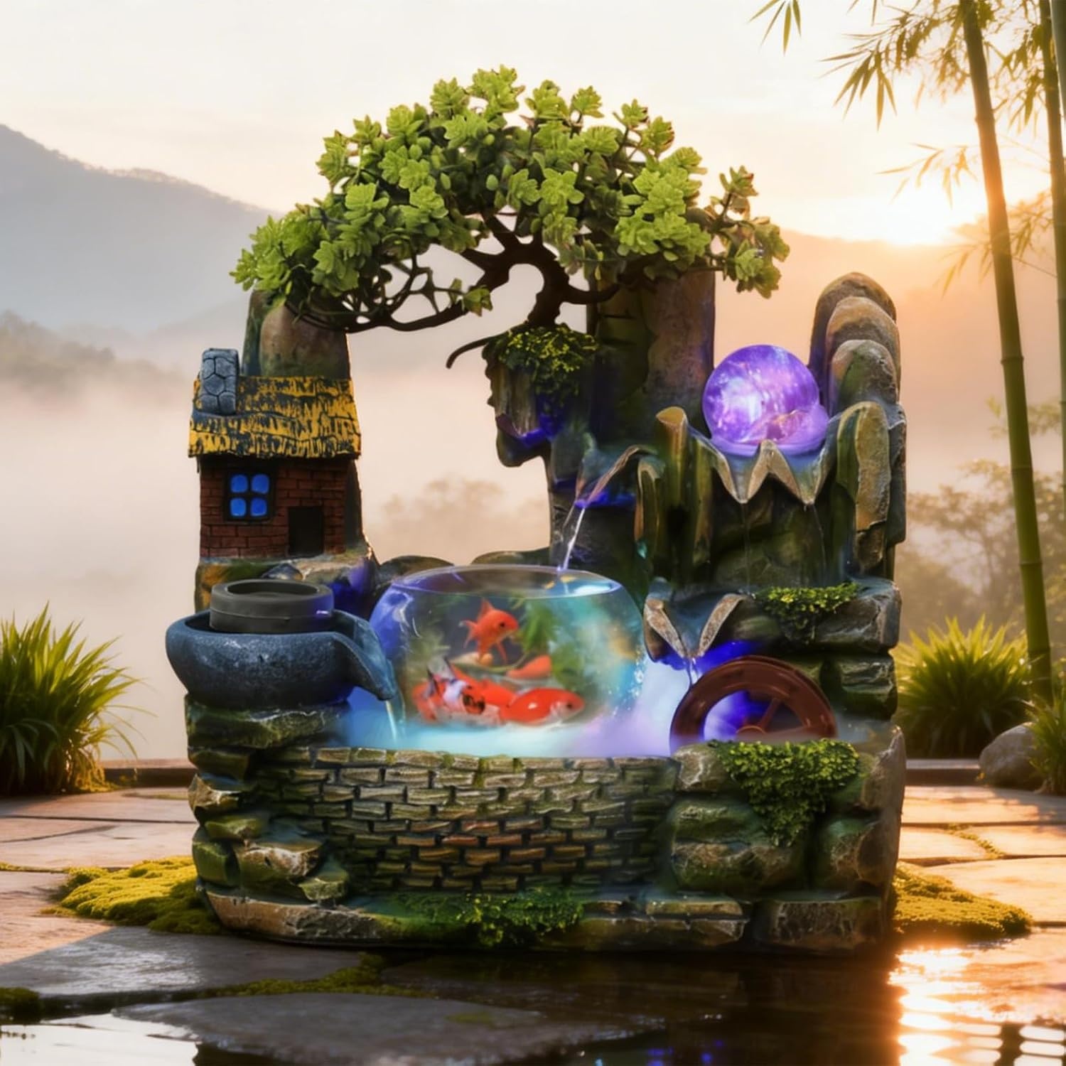 Waterfontein Groene Plantenfontein met LED, Feng Shui Wiel & Aquarium - 59% Korting