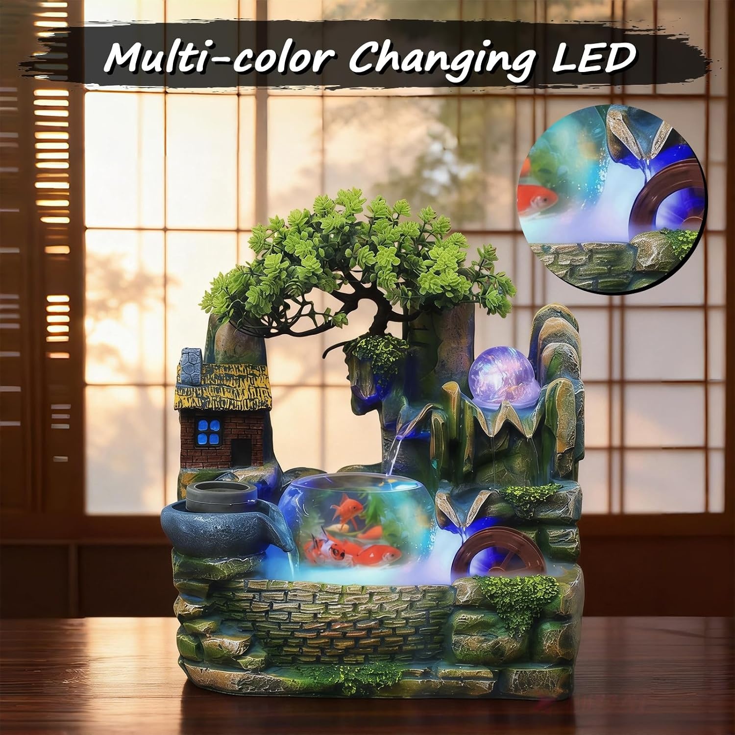 Waterfontein Groene Plantenfontein met LED, Feng Shui Wiel & Aquarium - 59% Korting