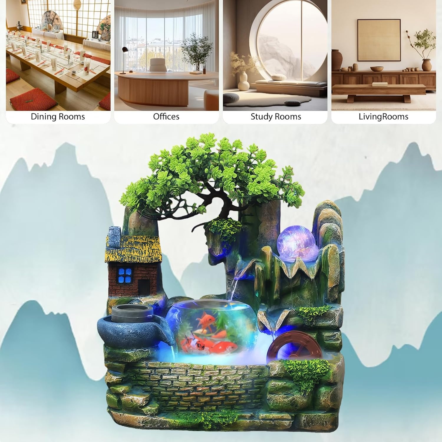 Waterfontein Groene Plantenfontein met LED, Feng Shui Wiel & Aquarium - 59% Korting