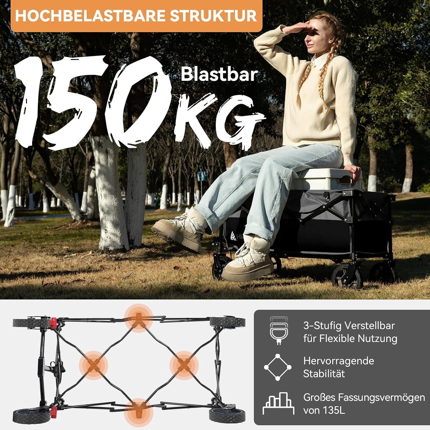 Opvouwbare Handkar 135L | 150kg | Zwart/Grijs | 360° Wielen met Rem | 34% Korting