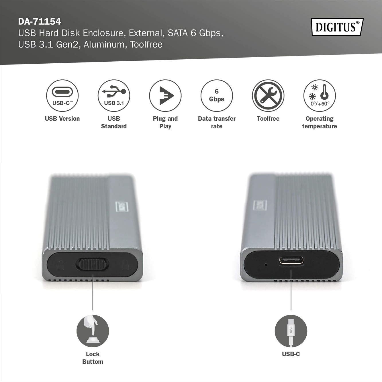 DIGITUS M.2 SATA SSD Behuizing - USB 3.1 Gen2 Type-C - Aluminium - Grijs