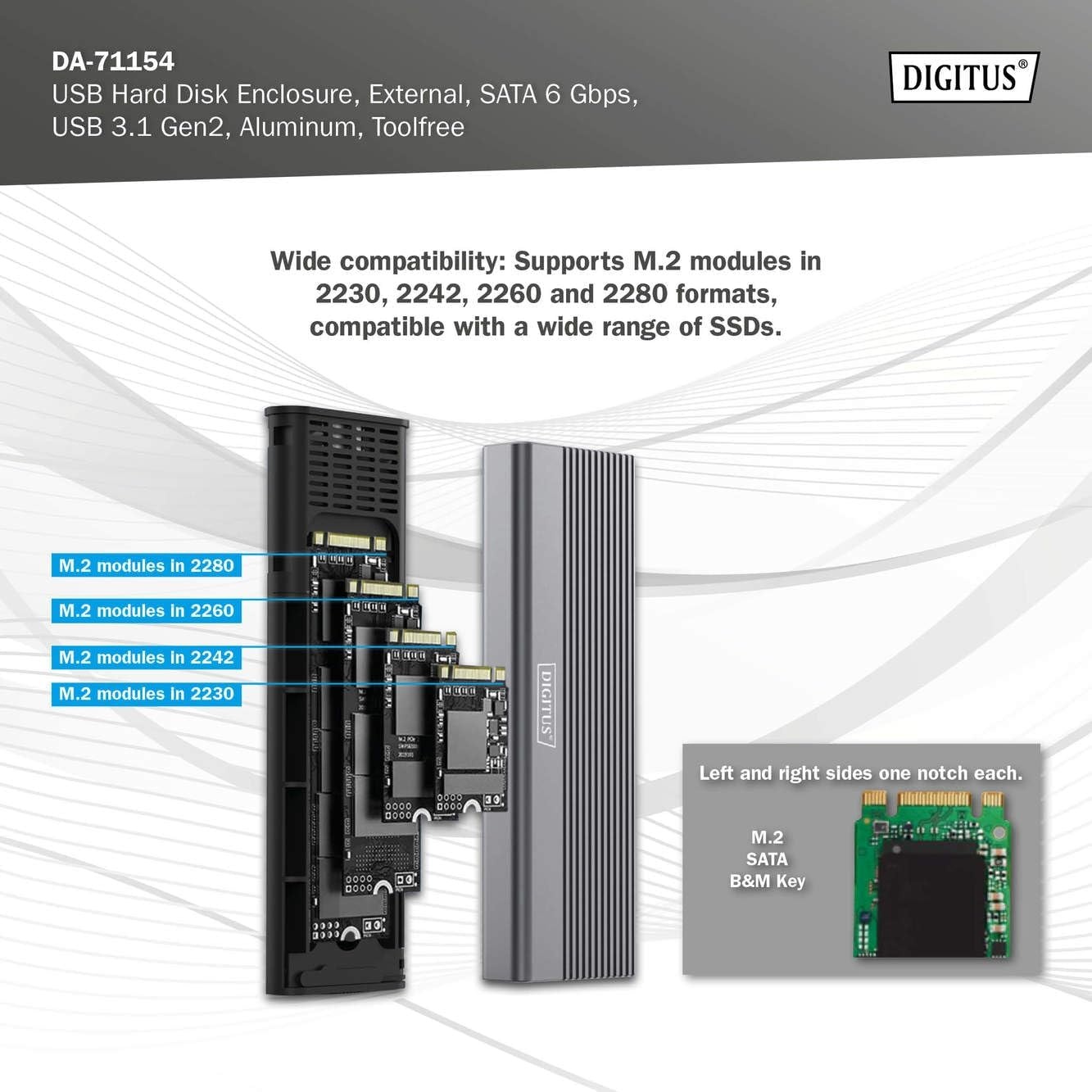 DIGITUS M.2 SATA SSD Behuizing - USB 3.1 Gen2 Type-C - Aluminium - Grijs