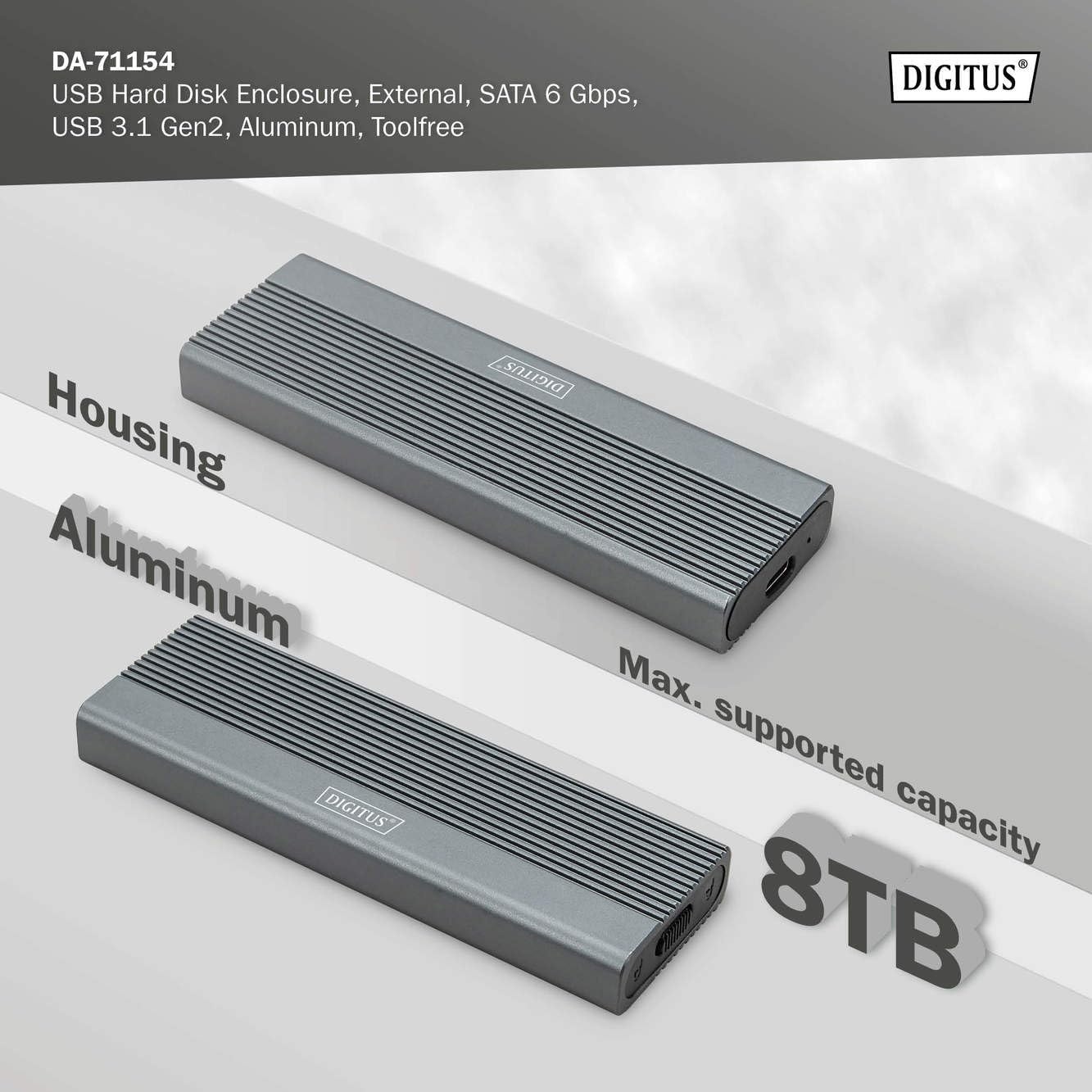 DIGITUS M.2 SATA SSD Behuizing - USB 3.1 Gen2 Type-C - Aluminium - Grijs