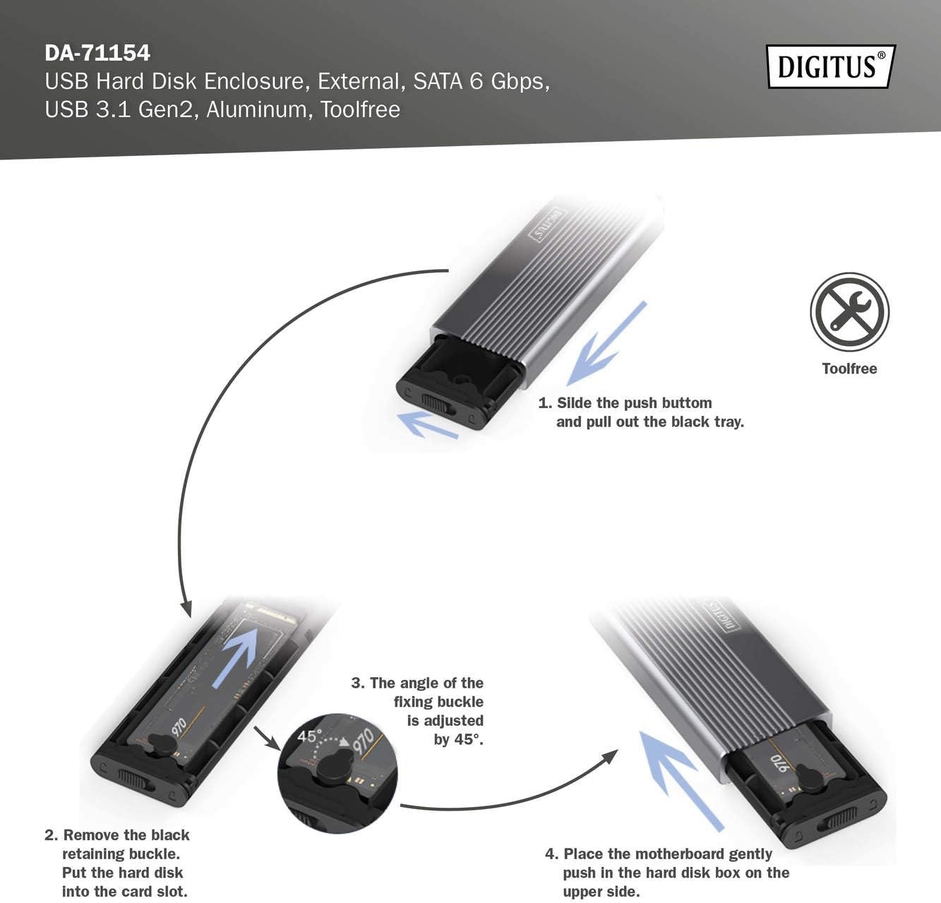 DIGITUS M.2 SATA SSD Behuizing - USB 3.1 Gen2 Type-C - Aluminium - Grijs