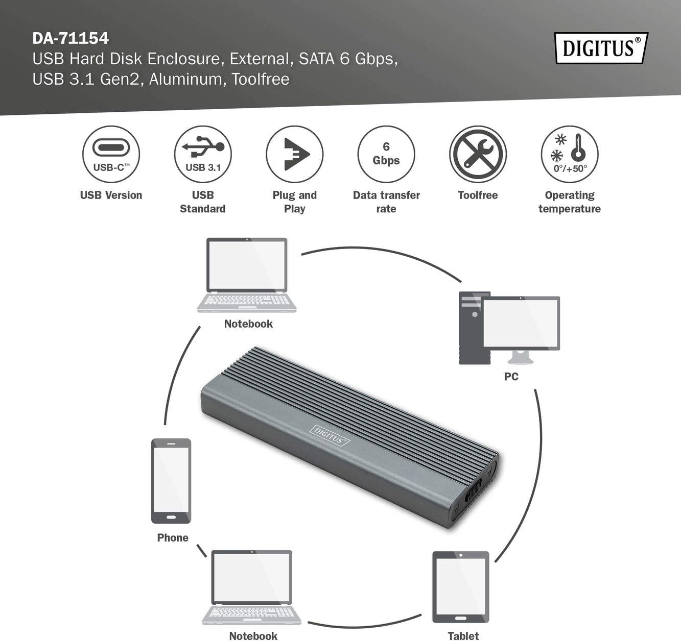 DIGITUS M.2 SATA SSD Behuizing - USB 3.1 Gen2 Type-C - Aluminium - Grijs