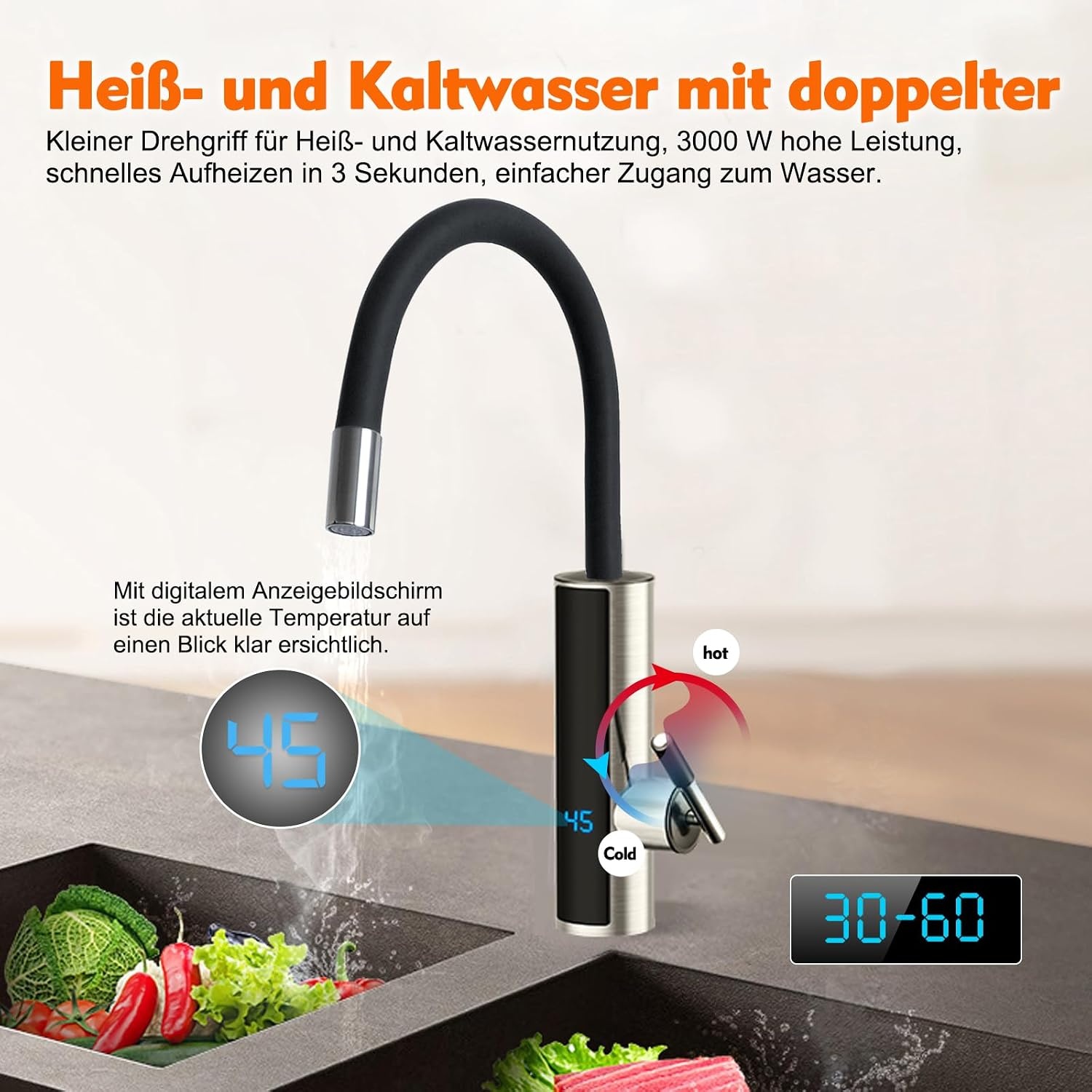 Elektrische Doorstroomboiler Kraan RVS 3000W | Direct Warm Water