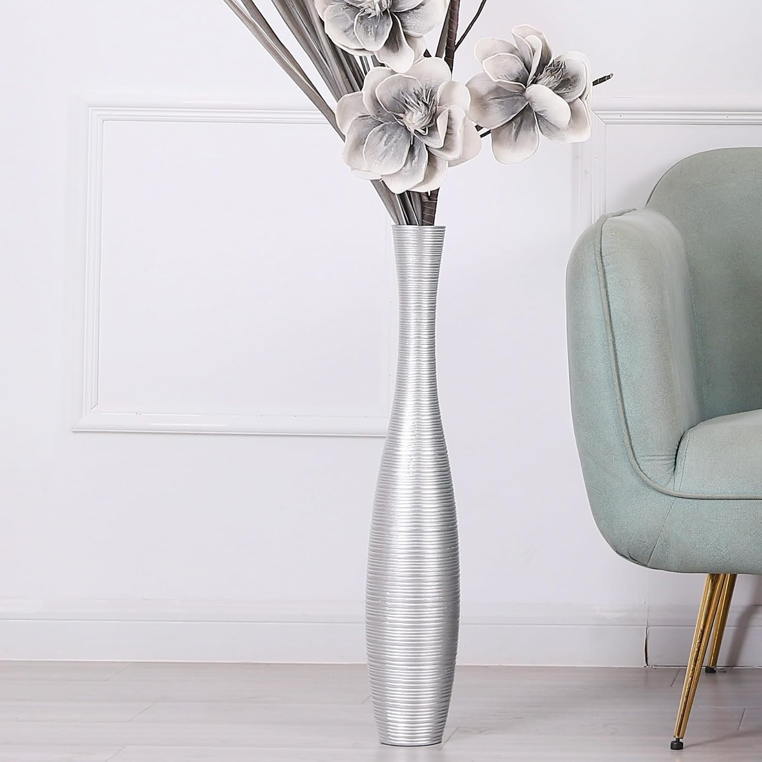 Zilverkleurige Bodemvaas 65cm - Handgemaakt Polyresin (60% Korting!)