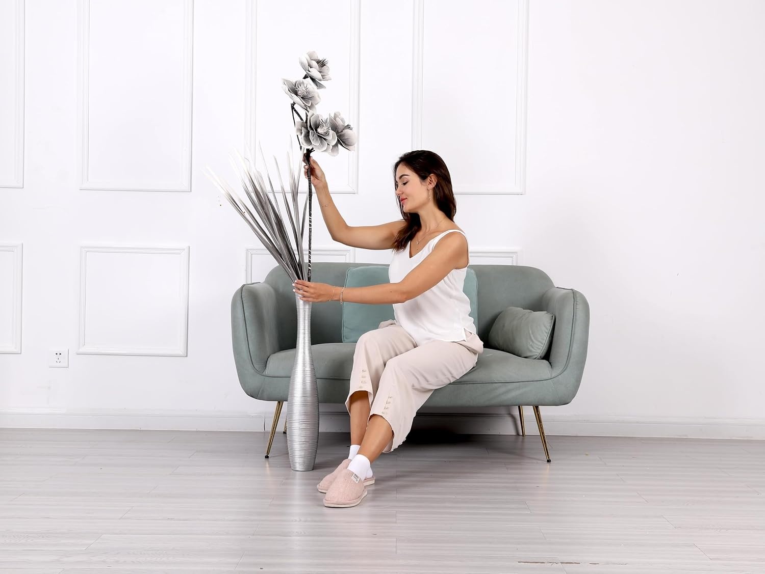 Zilverkleurige Bodemvaas 65cm - Handgemaakt Polyresin (60% Korting!)
