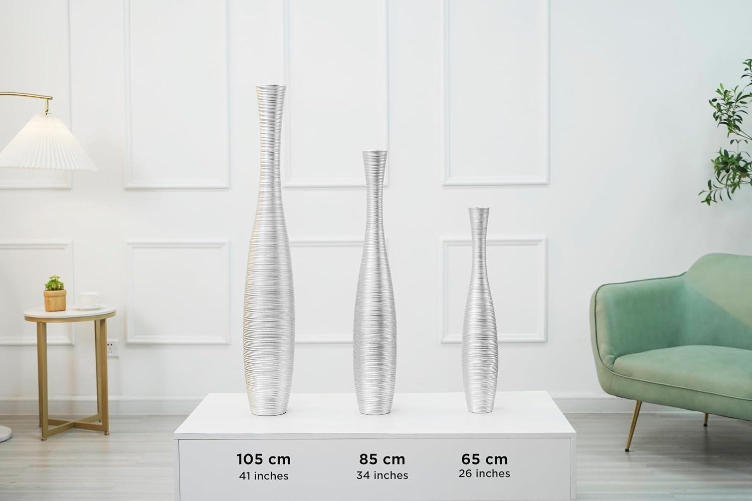 Zilverkleurige Bodemvaas 65cm - Handgemaakt Polyresin (60% Korting!)