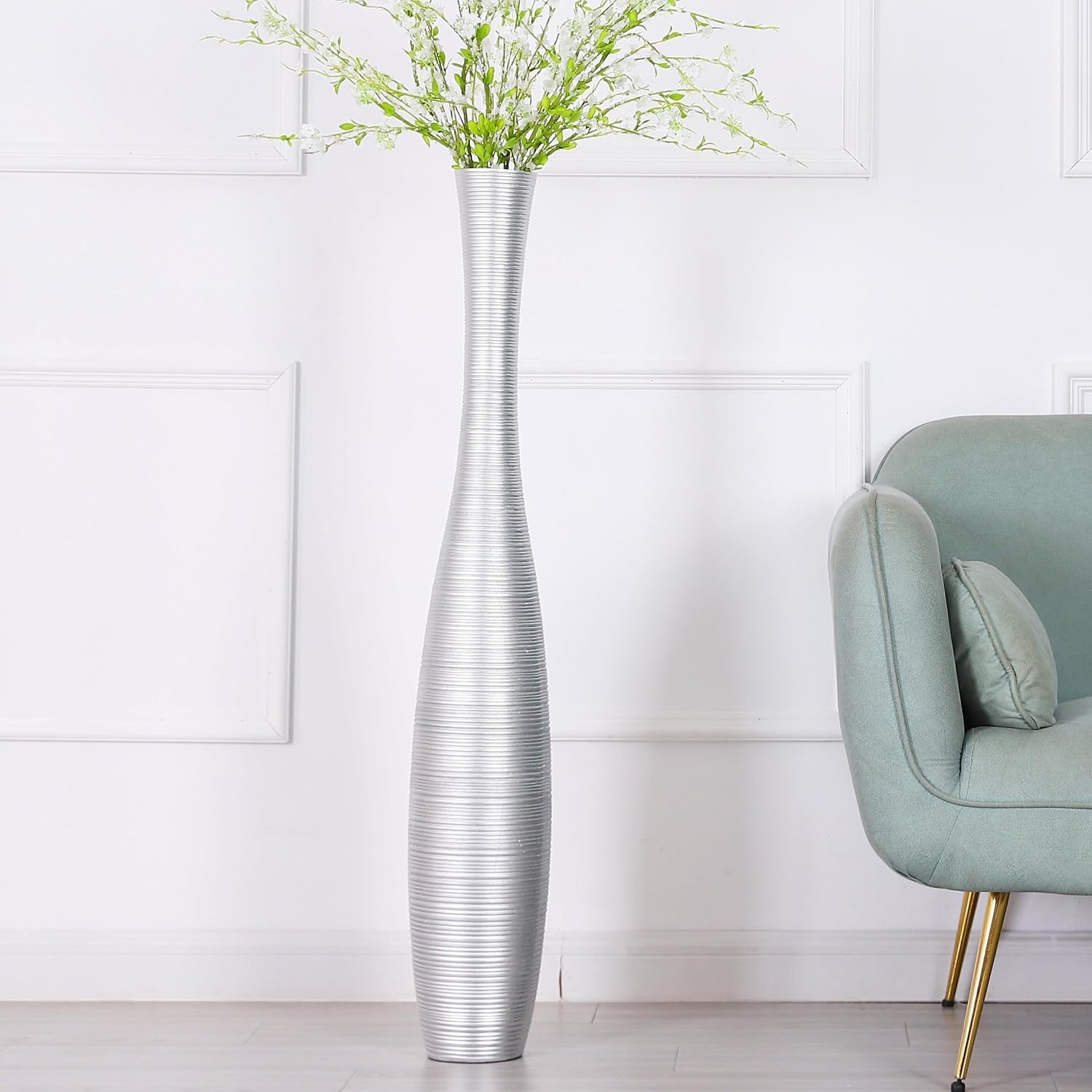 Zilverkleurige Bodemvaas 65cm - Handgemaakt Polyresin (60% Korting!)