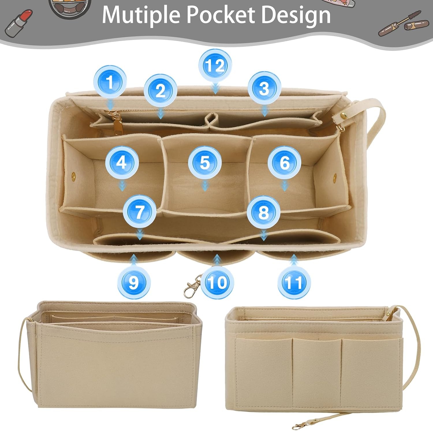 Beige Handtas Organiser Maat M - 12 Vakken - 53% Korting