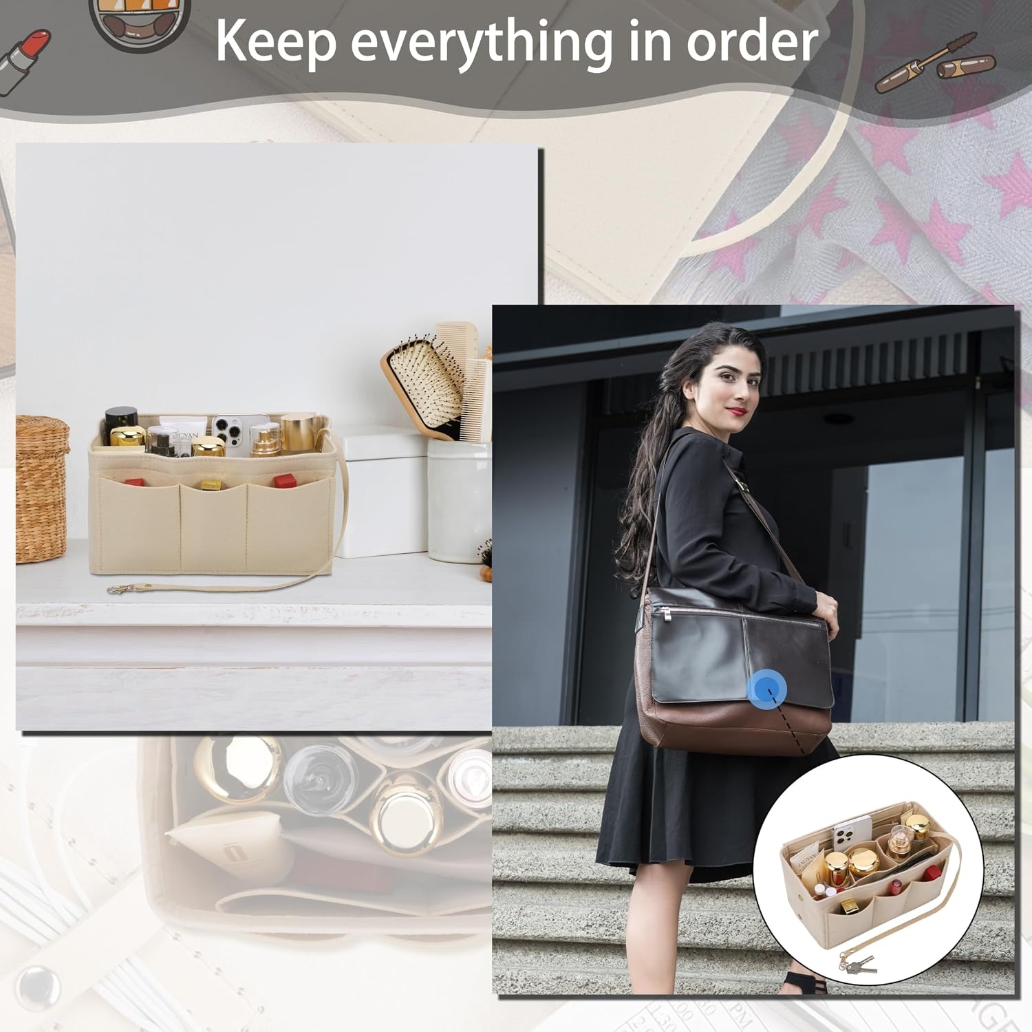 Beige Handtas Organiser Maat M - 12 Vakken - 53% Korting