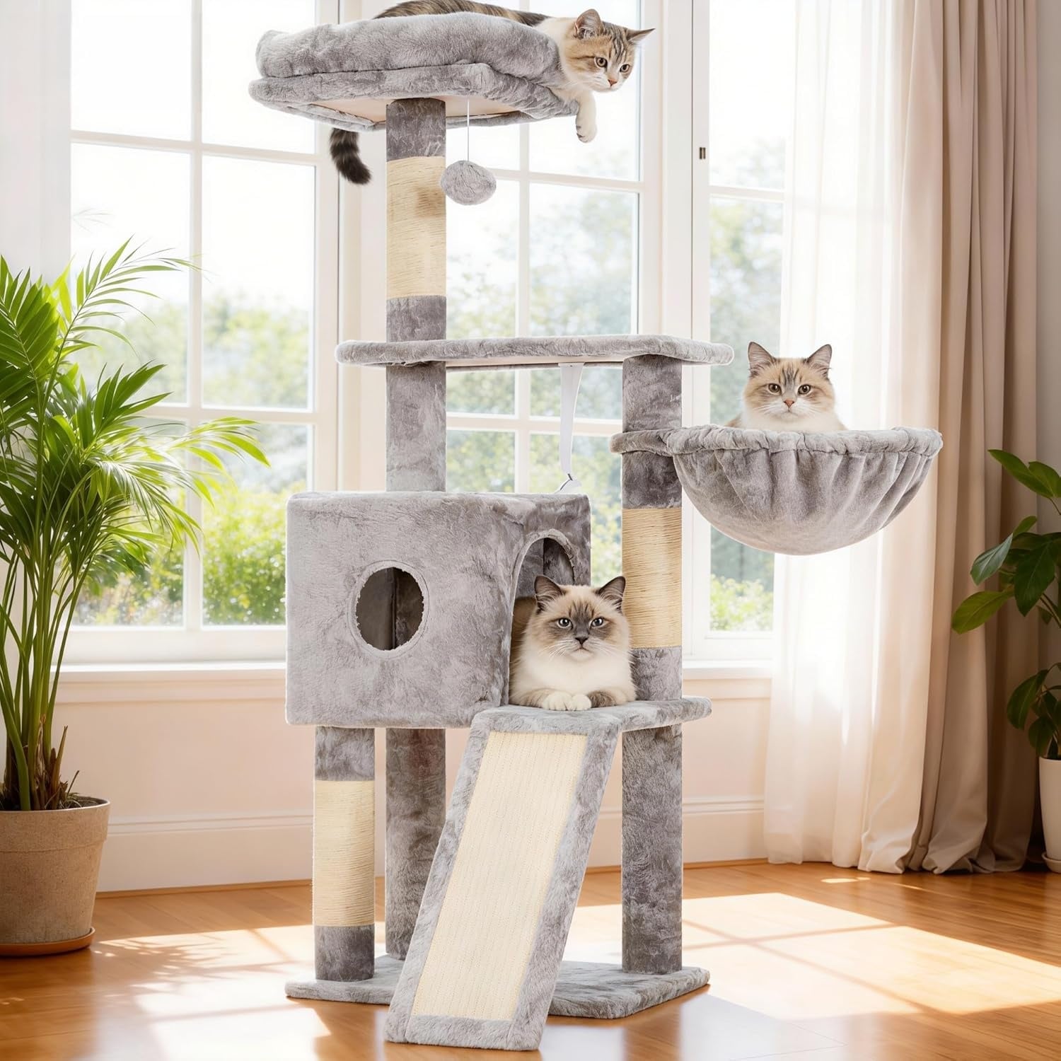 Kattenkrabpaal 108 cm Grijs | Slaaphuisje & Ligmand | Speelplezier voor Katten | 29% Korting