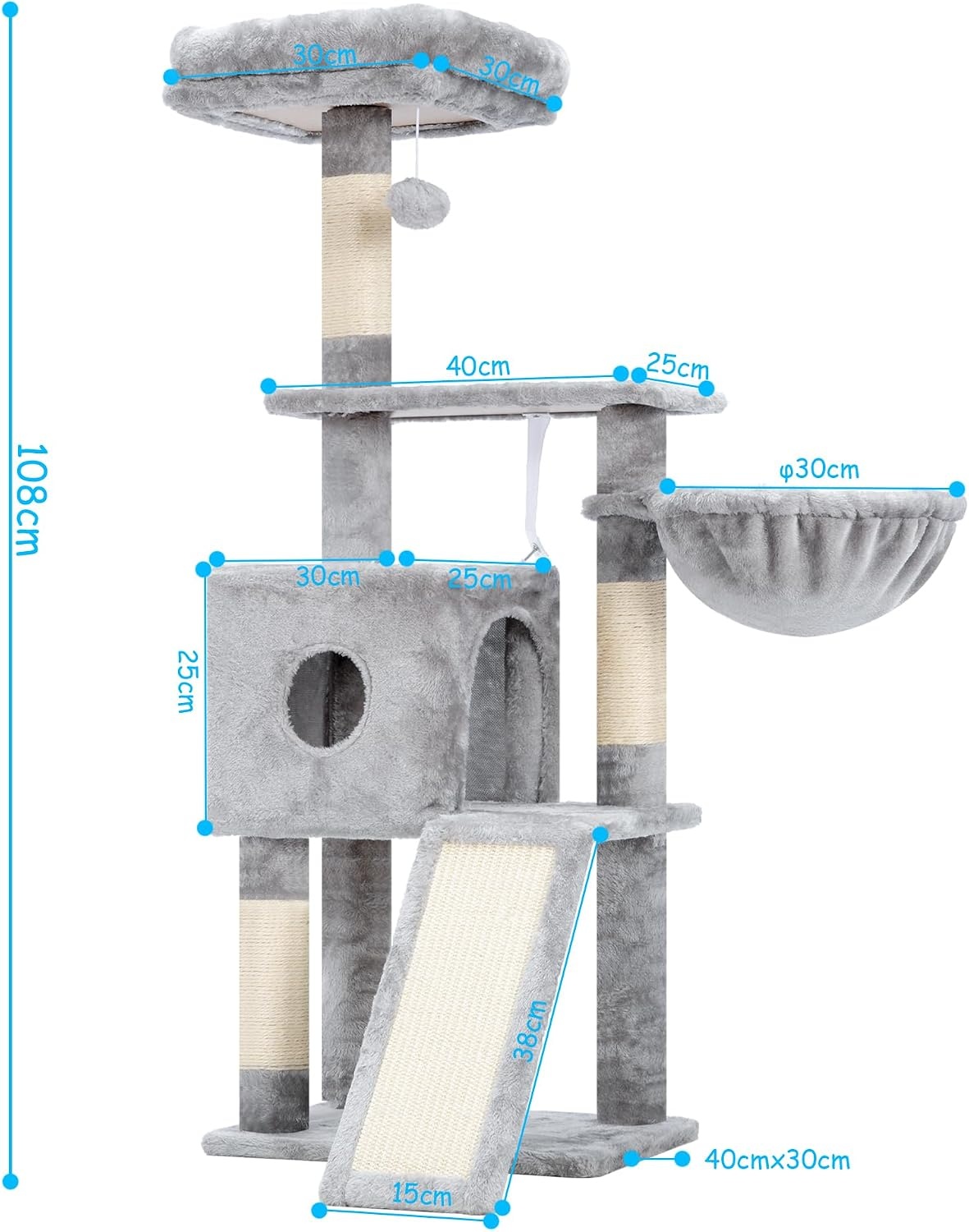 Kattenkrabpaal 108 cm Grijs | Slaaphuisje & Ligmand | Speelplezier voor Katten | 29% Korting