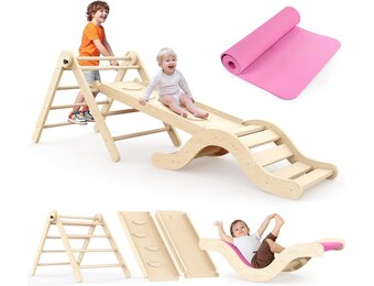 Montessori Klimrek met Glijbaan & Mat - 7-in-1 Berkenhout - 34% Korting