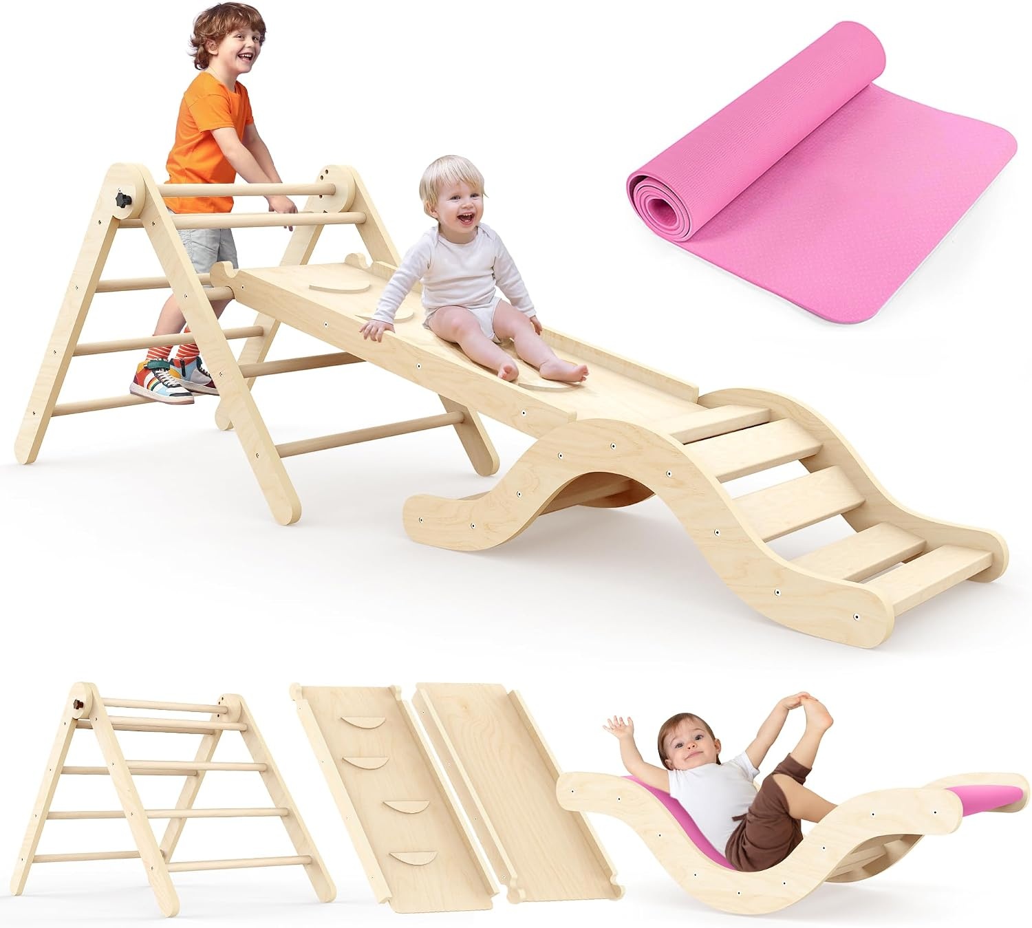 Montessori Klimrek met Glijbaan & Mat - 7-in-1 Berkenhout - 34% Korting
