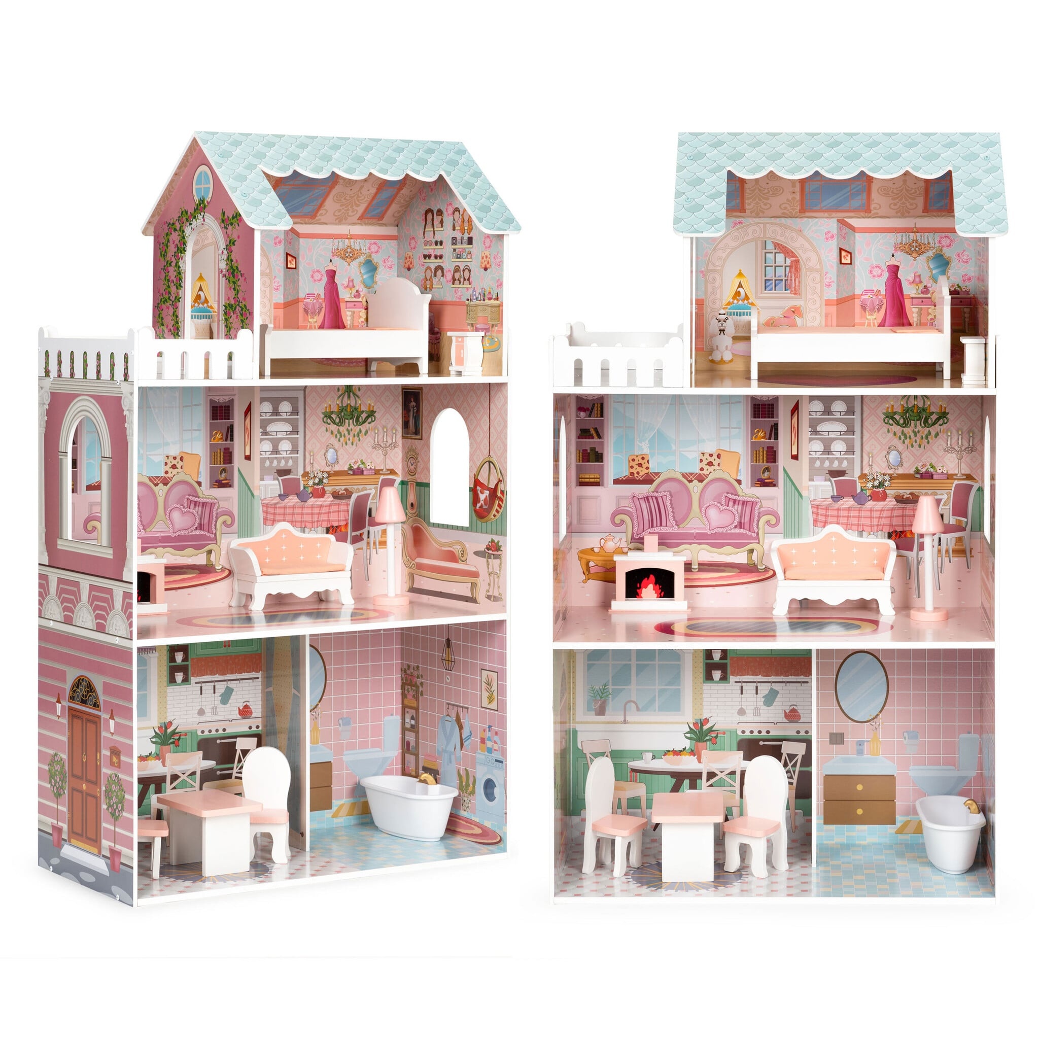 Poppenhuis van Hout met 9 Meubels (61x30x106 cm) - 34% Korting