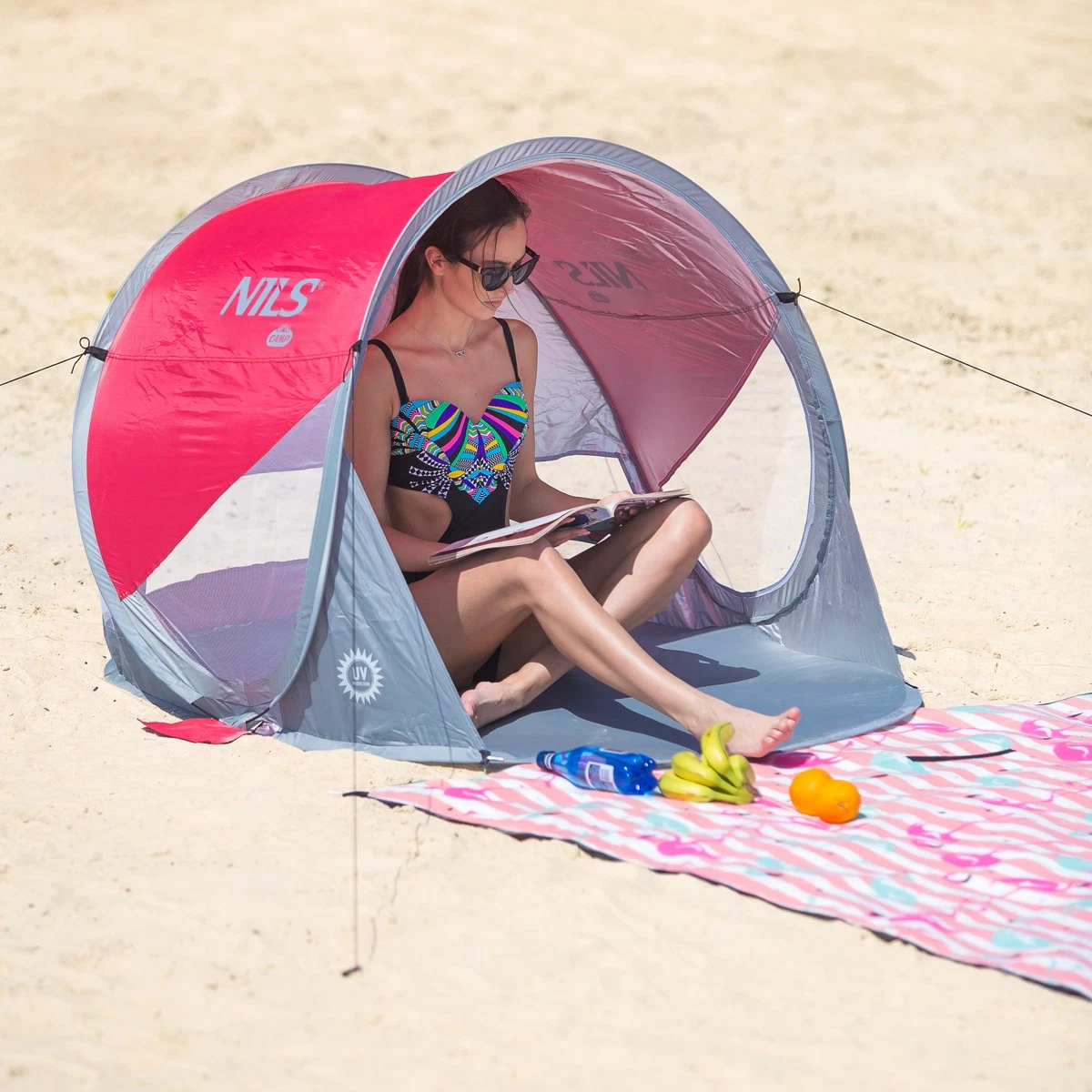 Zelfontplooiende Strandtent Rood-Grijs met Grondzeil - 50% Korting!