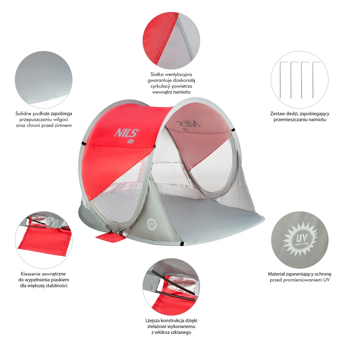 Zelfontplooiende Strandtent Rood-Grijs met Grondzeil - 50% Korting!