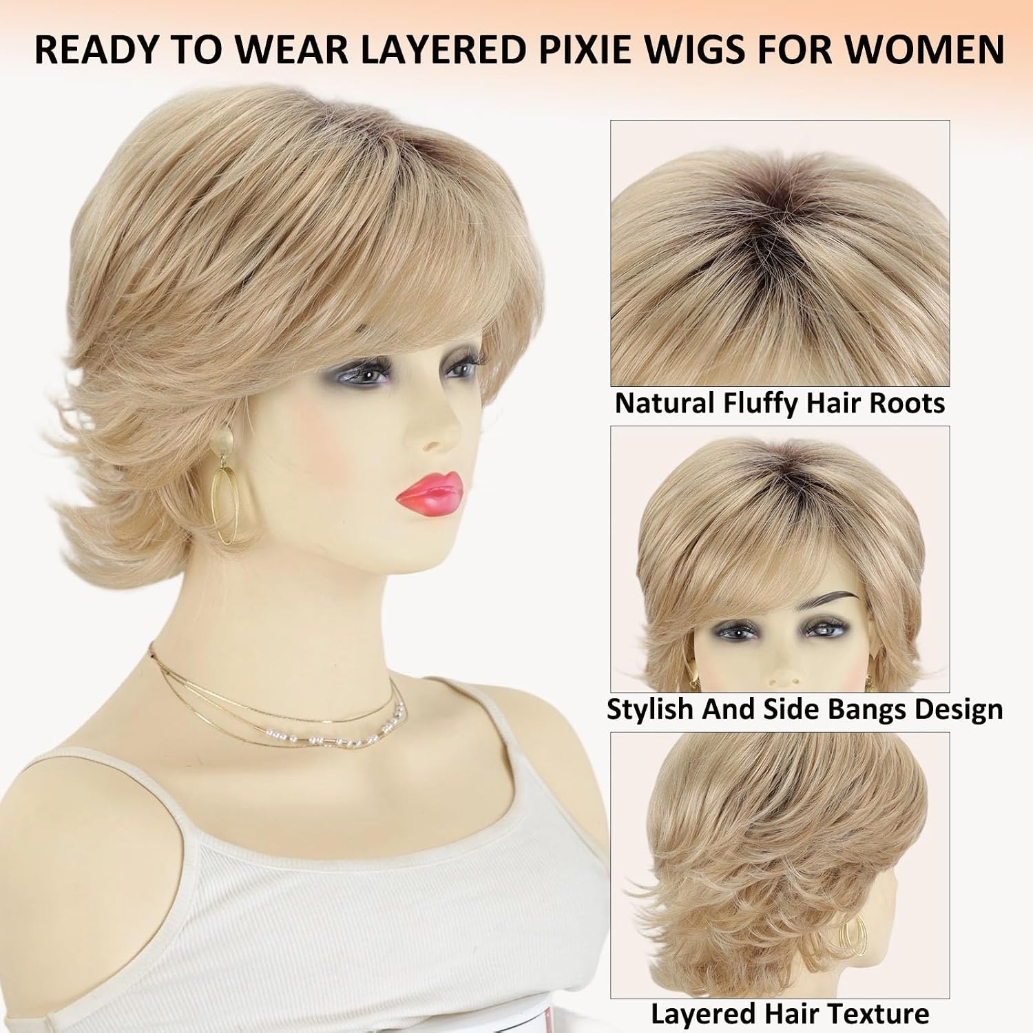 Blond Ombre Pixie Cut Pruik met Pony - 57% Korting!