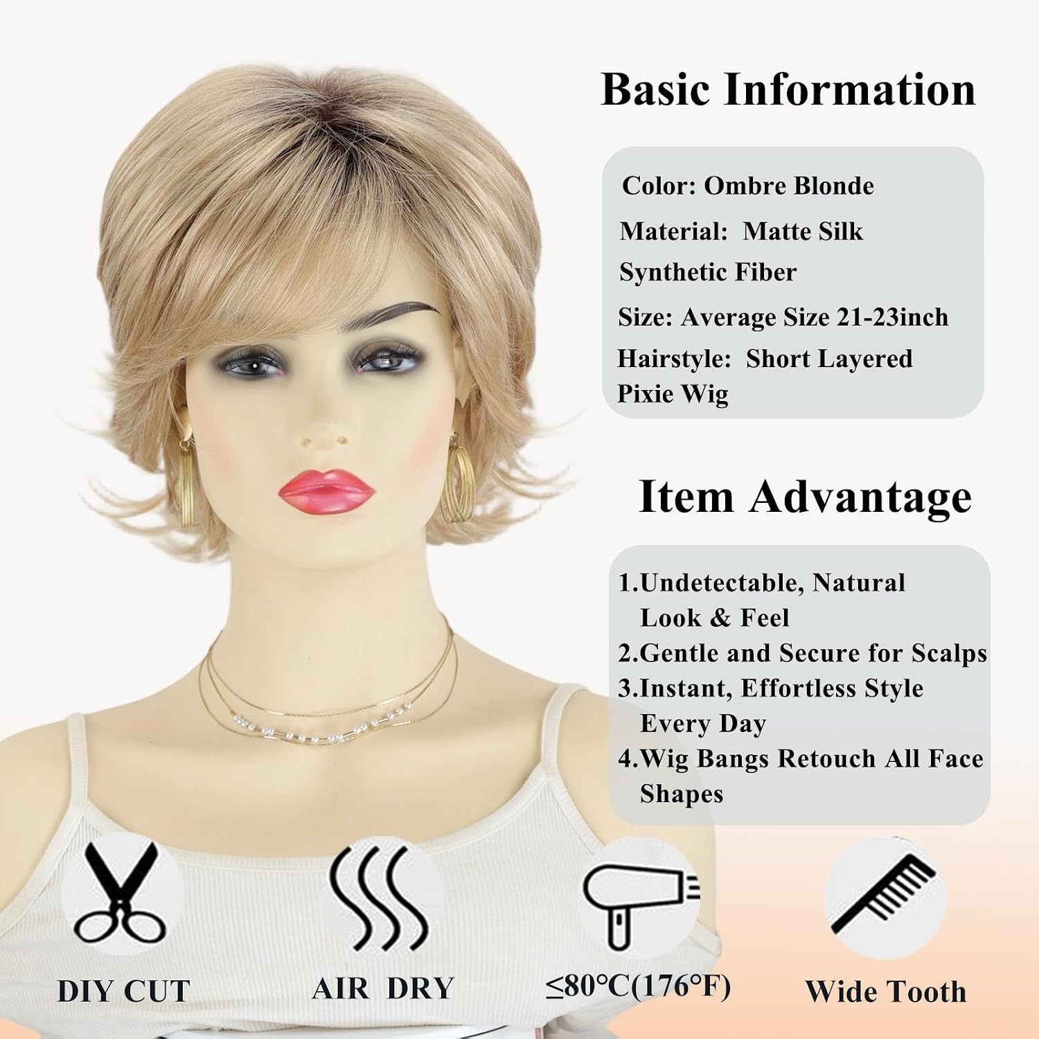 Blond Ombre Pixie Pruik met Pony: Natuurlijke Look & 57% Korting
