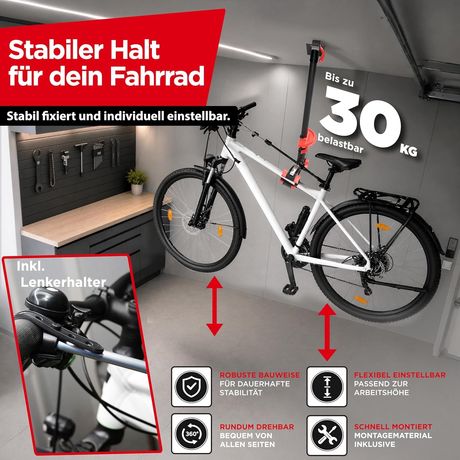 Ruimtebesparende Fietshouder Plafond - Hoogteverstelbaar - 30kg - 34% Korting