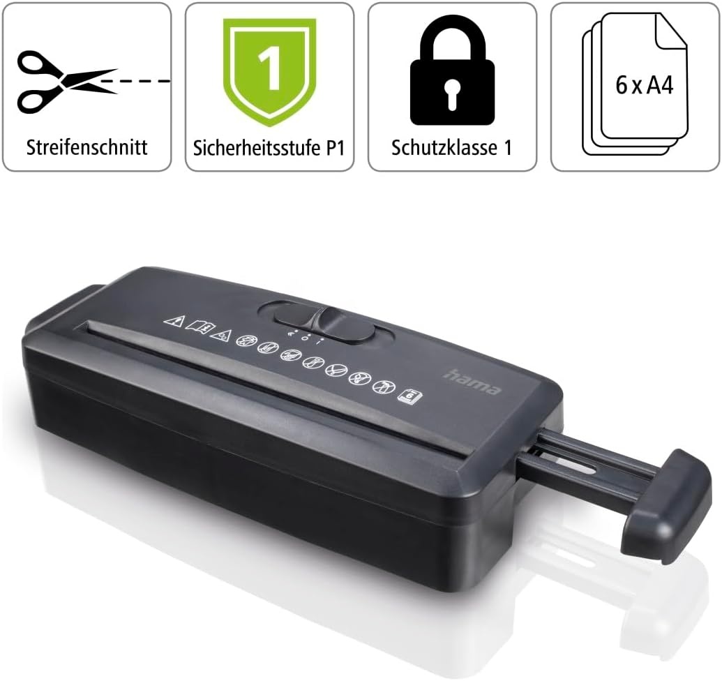 Hama Documentvernietiger „Mini S6” (documentversnipperaar 6 vellen 80 g) (80 g), papierversnipperaar, veiligheidshredder P1, 72 dB, M/A Auto, retourfunctie, retourfunctie, past op papiermanden) zwart