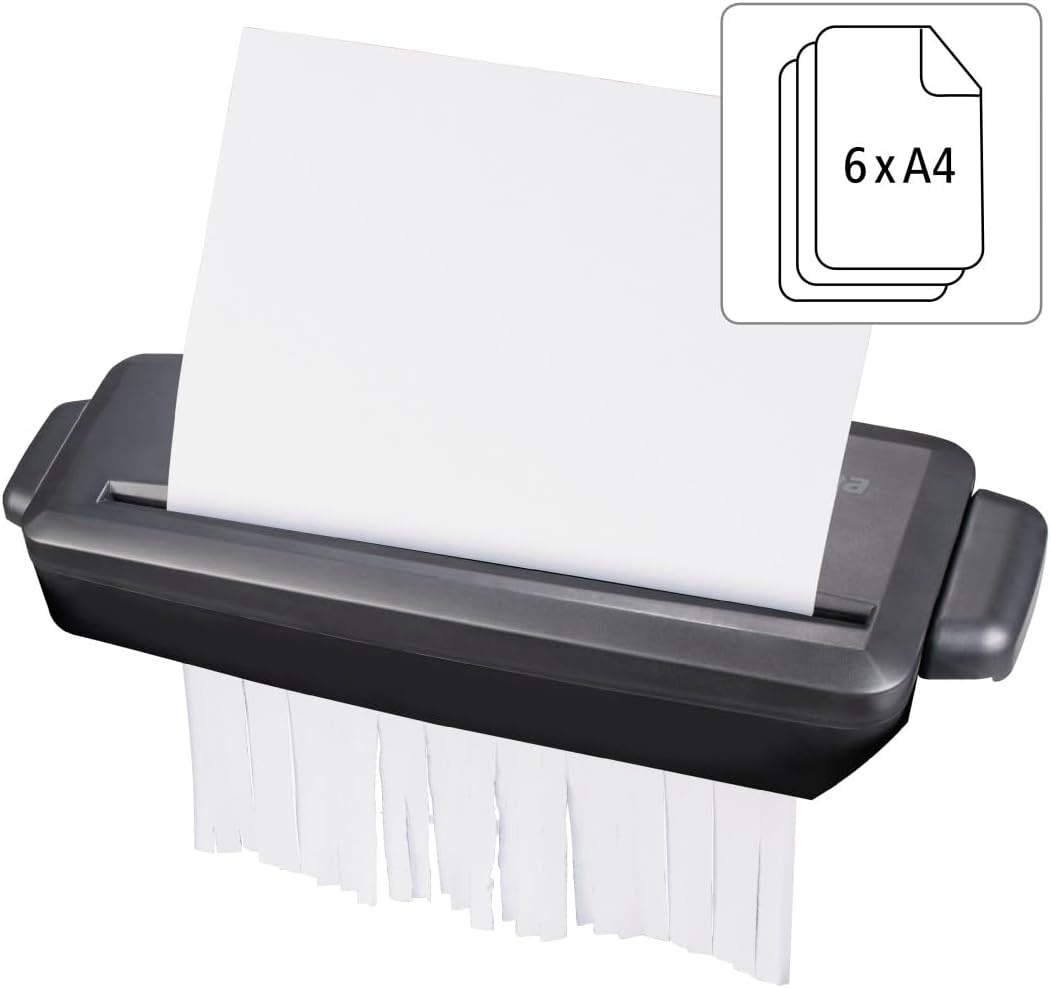 Hama Documentvernietiger „Mini S6” (documentversnipperaar 6 vellen 80 g) (80 g), papierversnipperaar, veiligheidshredder P1, 72 dB, M/A Auto, retourfunctie, retourfunctie, past op papiermanden) zwart