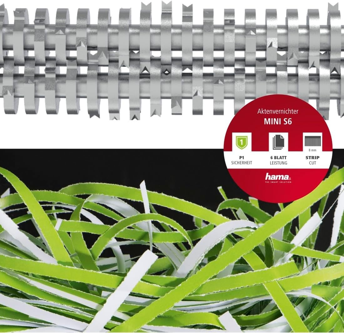 Hama Documentvernietiger „Mini S6” (documentversnipperaar 6 vellen 80 g) (80 g), papierversnipperaar, veiligheidshredder P1, 72 dB, M/A Auto, retourfunctie, retourfunctie, past op papiermanden) zwart
