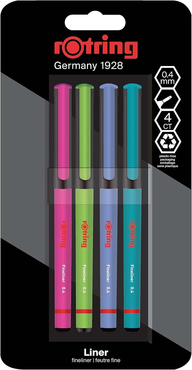 rOtring Liner fijnschrijvers | 0.4 mm | Kleurpennen voor schrijven en tekenen | Verpakking zonder plastic | Verschillende leuke kleuren | 4 stuks