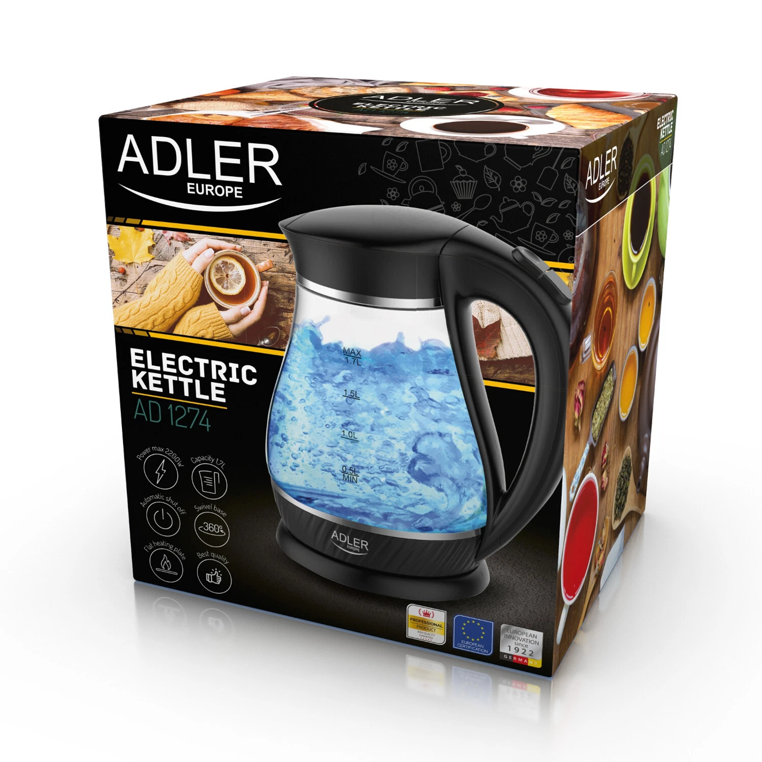 Adler Glazen Waterkoker 1,7L 2200W Zwart AD1274