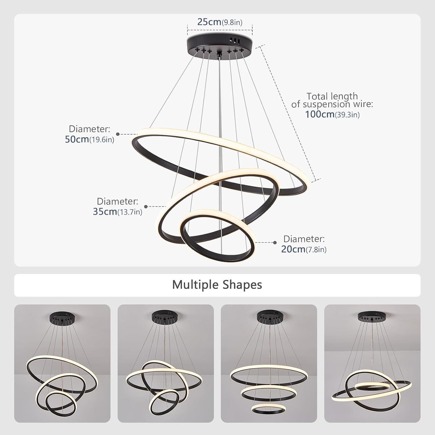 Nowoczesna Lampa Wisząca LED 45W Czarna 50CM Przyciemniana z Pilotem Regulowana Wysokość Lampa Sufitowa do Jadalni Salonu Kuchni Biura Kreatywna Wisząca Sypialni（Złota ）