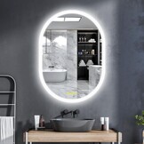 Badkamerspiegel met verlichting, ovaal, 50 x 70 cm, met licht, warm wit, koudwit, netural, condensvrij, verlichte badkamerspiegel, energieklasse lichtspiegel voor badkamerspiegel