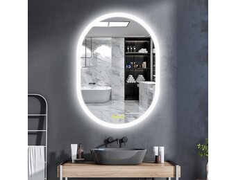 Badkamerspiegel met verlichting, ovaal, 50 x 70 cm, met licht, warm wit, koudwit, netural, condensvrij, verlichte badkamerspiegel, energieklasse lichtspiegel voor badkamerspiegel
