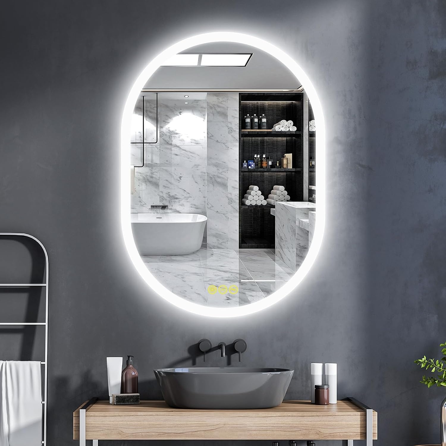 Badkamerspiegel met verlichting, ovaal, 50 x 70 cm, met licht, warm wit, koudwit, netural, condensvrij, verlichte badkamerspiegel, energieklasse lichtspiegel voor badkamerspiegel
