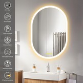 Badkamerspiegel met verlichting, ovaal, 50 x 70 cm, met licht, warm wit, koudwit, netural, condensvrij, verlichte badkamerspiegel, energieklasse lichtspiegel voor badkamerspiegel