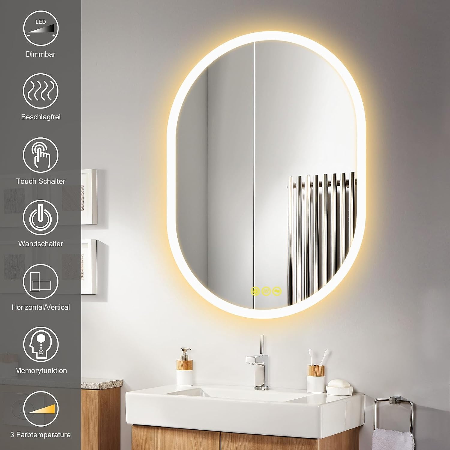 Badkamerspiegel met verlichting, ovaal, 50 x 70 cm, met licht, warm wit, koudwit, netural, condensvrij, verlichte badkamerspiegel, energieklasse lichtspiegel voor badkamerspiegel