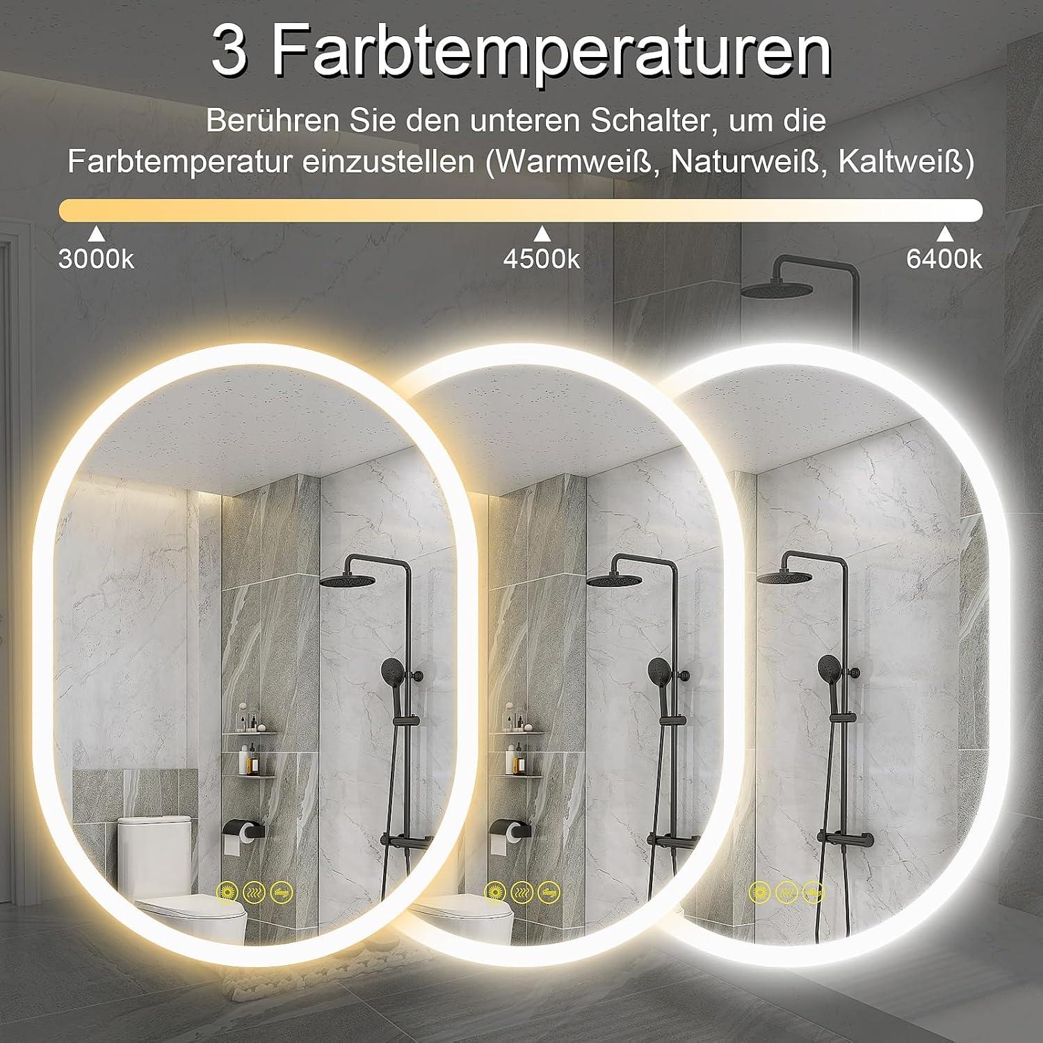 Badkamerspiegel met verlichting, ovaal, 50 x 70 cm, met licht, warm wit, koudwit, netural, condensvrij, verlichte badkamerspiegel, energieklasse lichtspiegel voor badkamerspiegel
