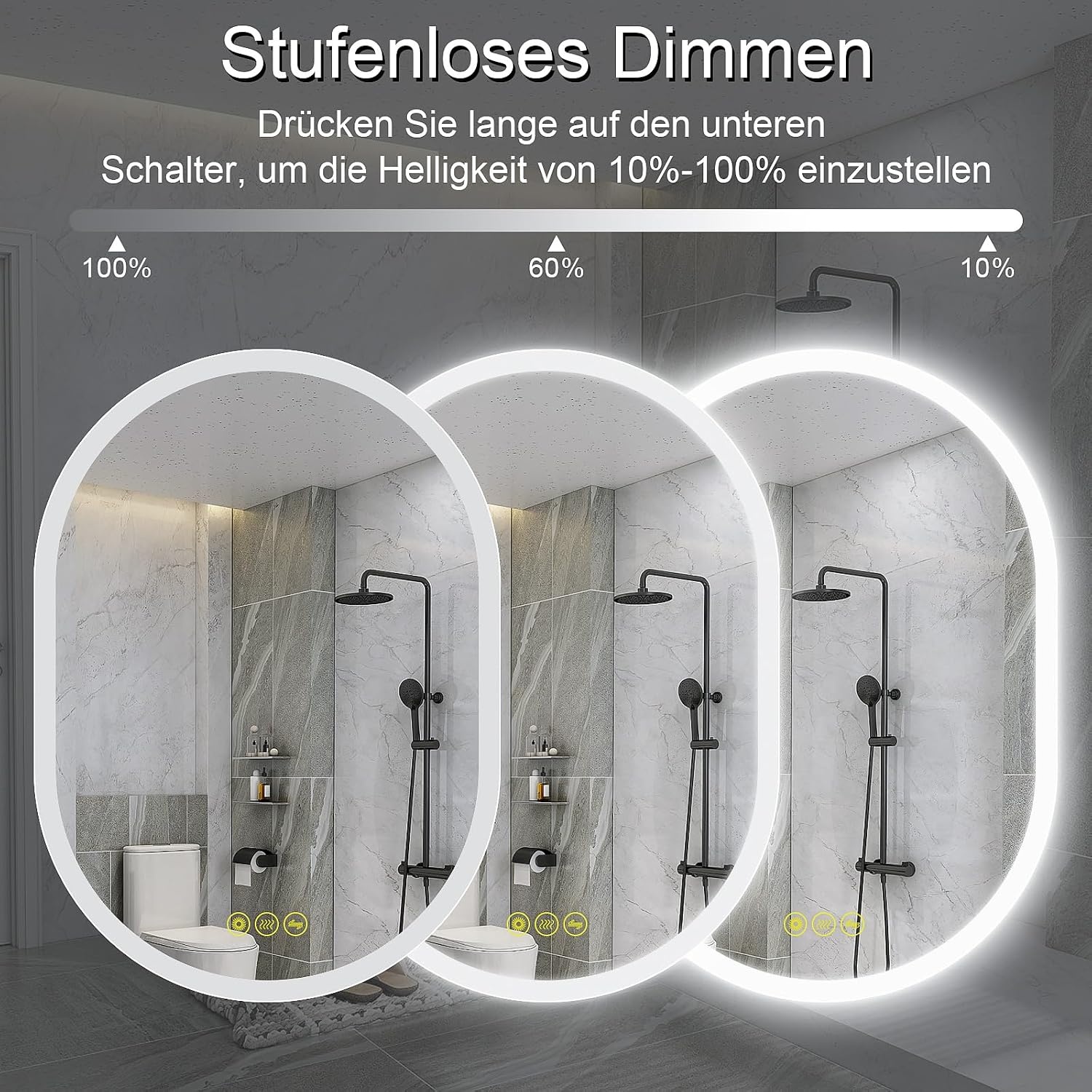Badkamerspiegel met verlichting, ovaal, 50 x 70 cm, met licht, warm wit, koudwit, netural, condensvrij, verlichte badkamerspiegel, energieklasse lichtspiegel voor badkamerspiegel