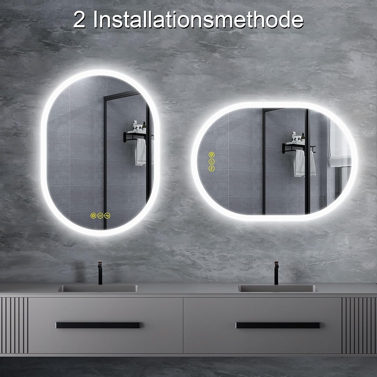 Badkamerspiegel met verlichting, ovaal, 50 x 70 cm, met licht, warm wit, koudwit, netural, condensvrij, verlichte badkamerspiegel, energieklasse lichtspiegel voor badkamerspiegel