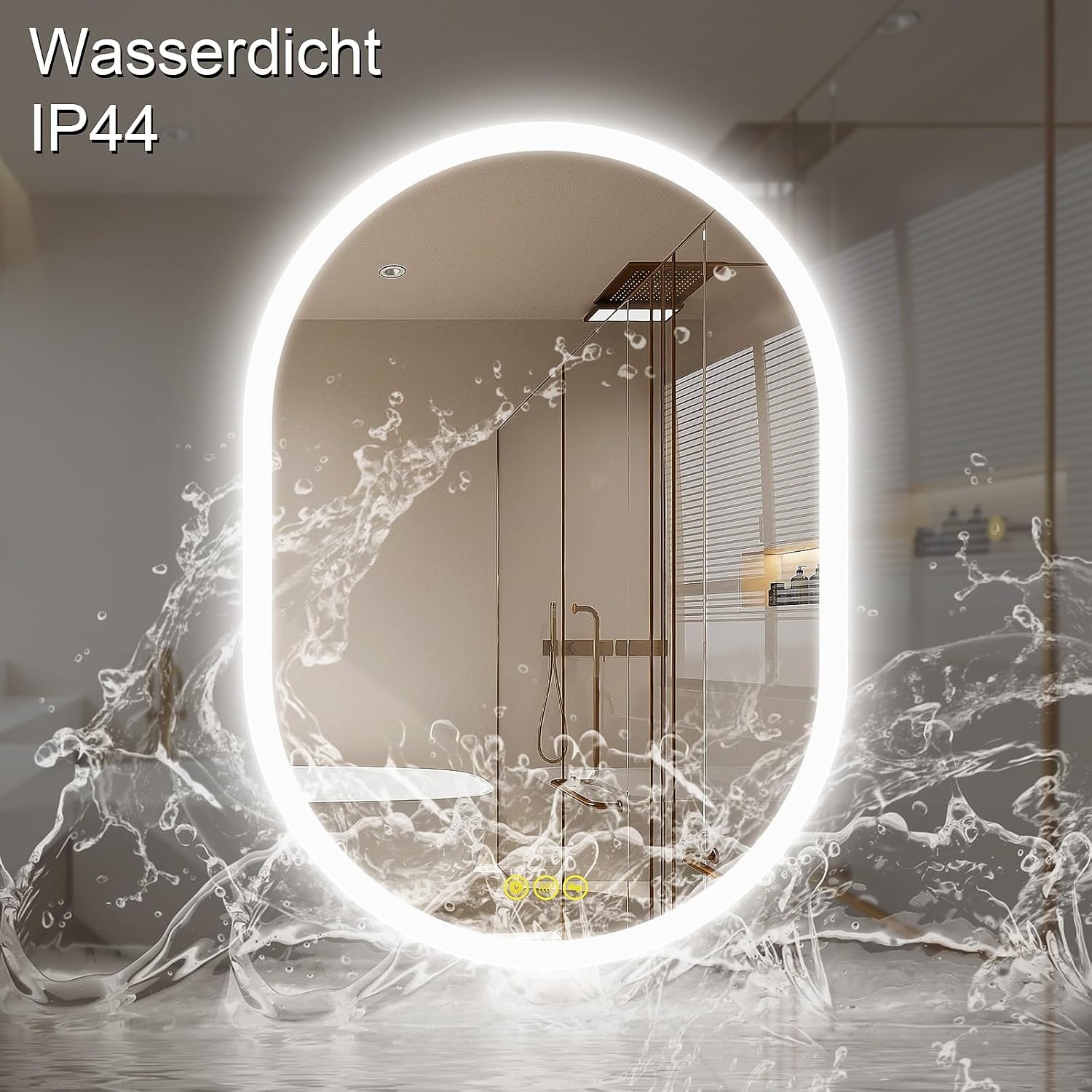 Badkamerspiegel met verlichting, ovaal, 50 x 70 cm, met licht, warm wit, koudwit, netural, condensvrij, verlichte badkamerspiegel, energieklasse lichtspiegel voor badkamerspiegel