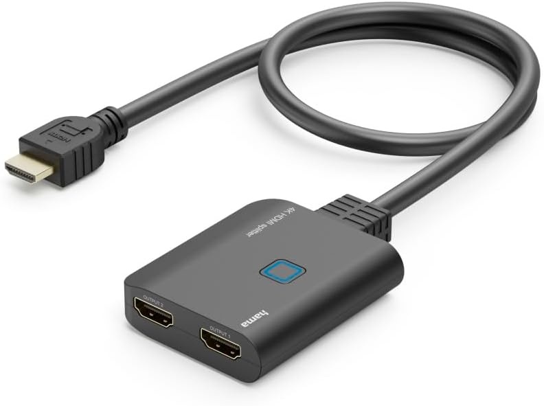 Hama HDMI splitter 4K 1 in 2 Out (4K @30Hz, adapter voor de overdracht van een HDMI-signaal naar 2 outputapparaten, bijv. beamer, beeldscherm of 2 monitoren tegelijk, 60 cm) zwart