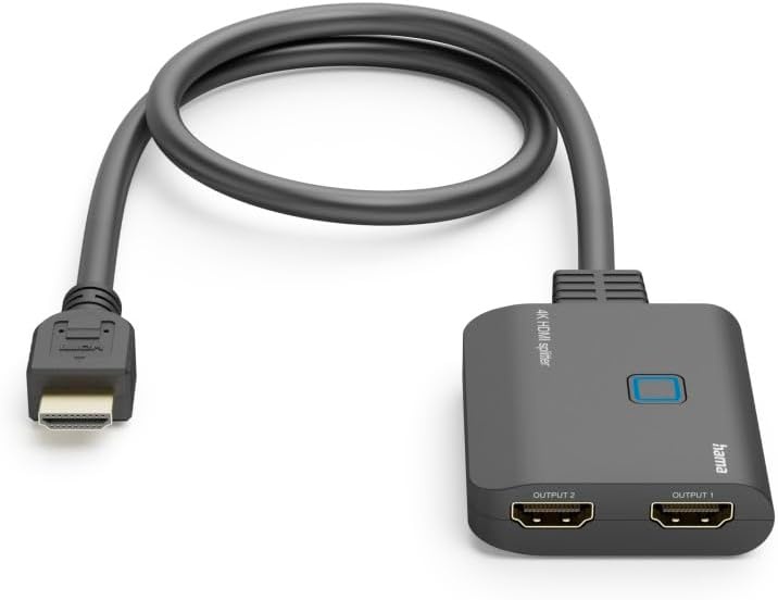 Hama HDMI splitter 4K 1 in 2 Out (4K @30Hz, adapter voor de overdracht van een HDMI-signaal naar 2 outputapparaten, bijv. beamer, beeldscherm of 2 monitoren tegelijk, 60 cm) zwart