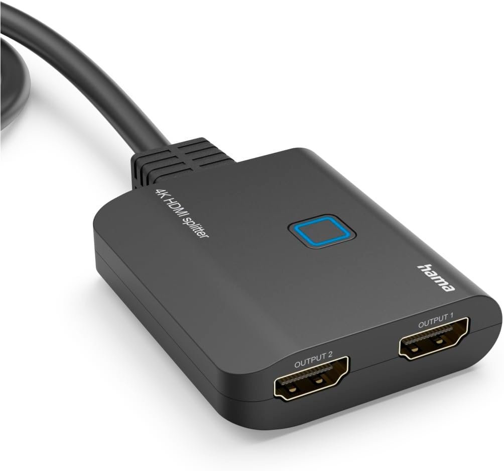 Hama HDMI splitter 4K 1 in 2 Out (4K @30Hz, adapter voor de overdracht van een HDMI-signaal naar 2 outputapparaten, bijv. beamer, beeldscherm of 2 monitoren tegelijk, 60 cm) zwart